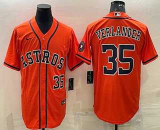 Mens Houston Astros #35 Justin Verlander Number Orange With Patch Stitched MLB Cool Base Nike Jersey